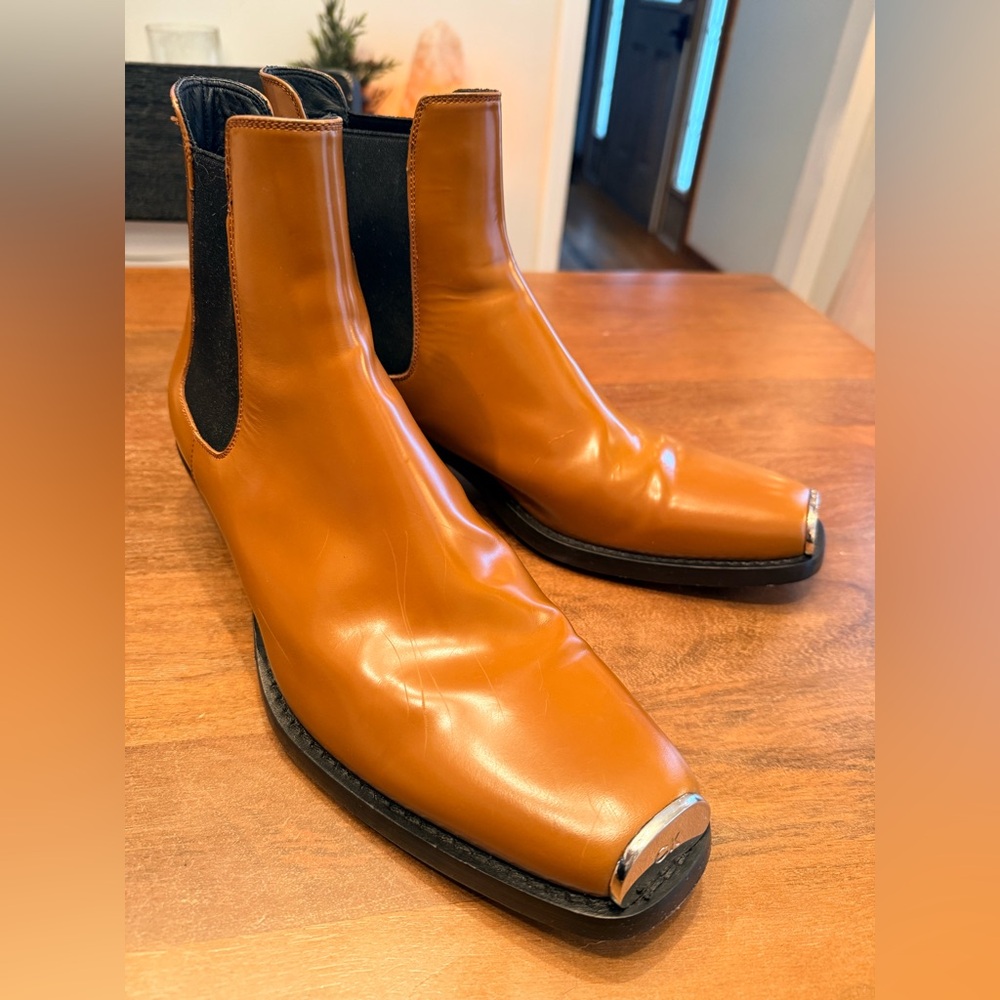 Calvin Klein Men's Tan Leather Chelsea Boots with Metal Toe Cap